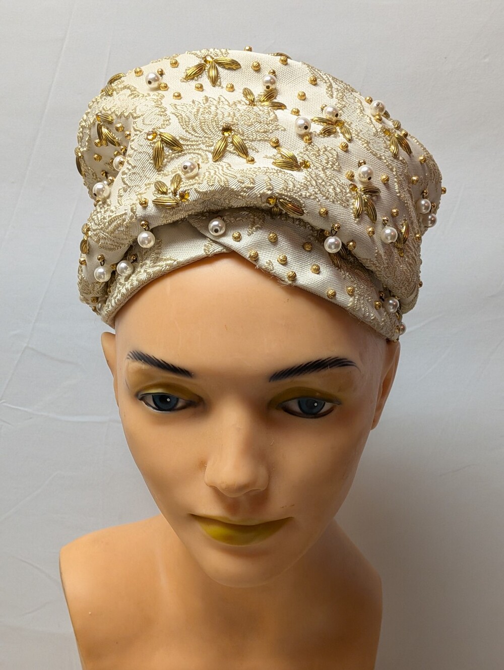 Vintage Christian Dior Cream Brocade Beaded Turban Hat